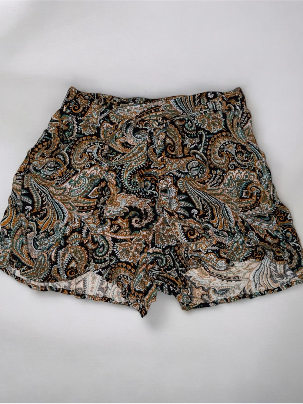 Primark Black Paisley Shorts with Tan & Green Accents